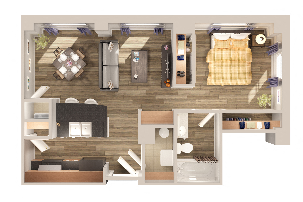 Floor plan for 1 bed, 1 bath, 677 sqft